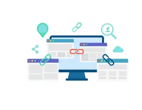 eerdere webpagina’s verbonden met elkaar via kettinglinks, weergegeven op een computerscherm, met SEO-gerelateerde iconen zoals een vergrootglas en locatiepin.