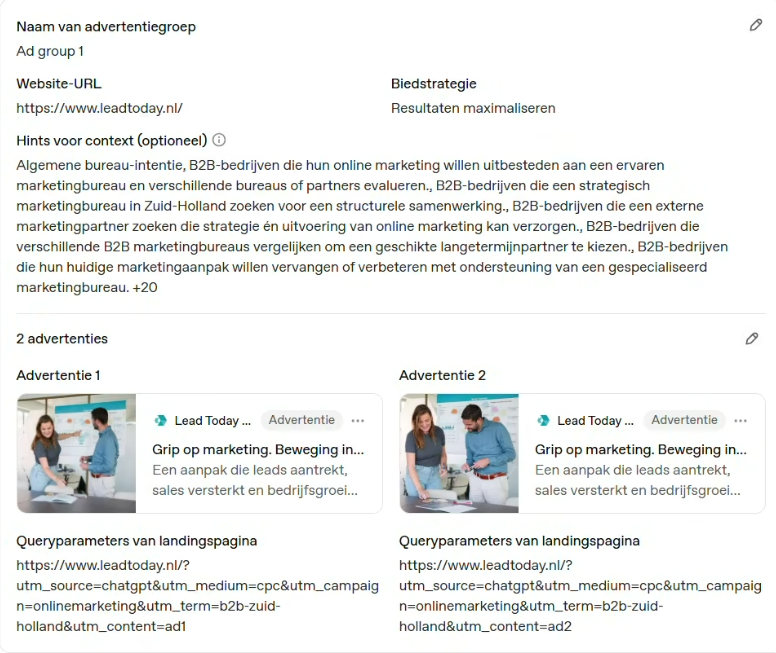 interface chatgpt ads campagne maken